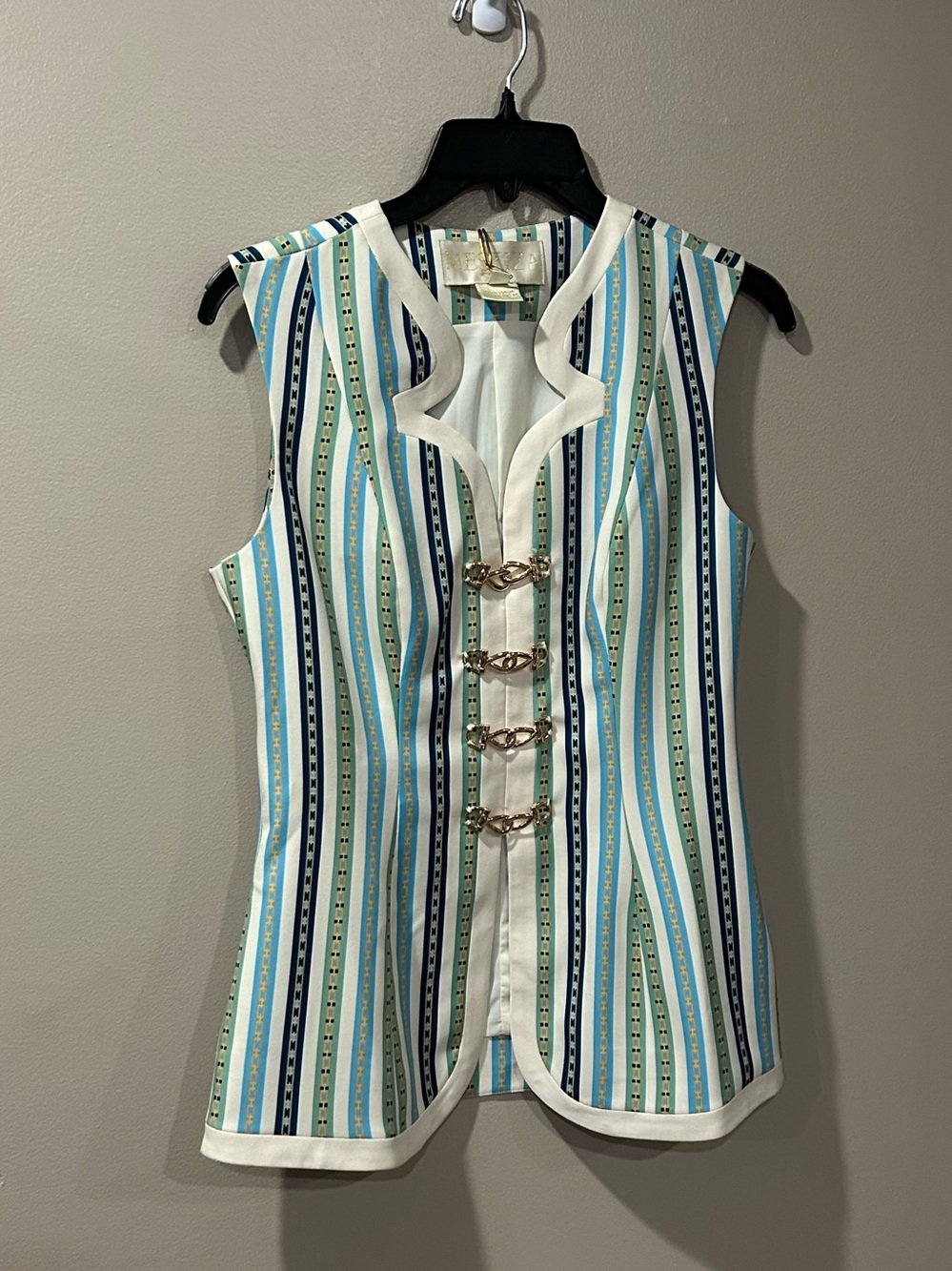 Mestiza New York Blair Catena Stripe Gold Clasp Notch V-Neck Sleeveless Vest